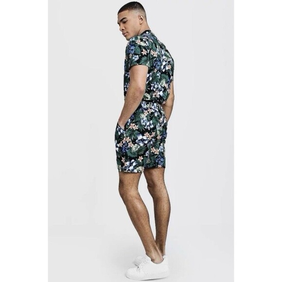 BoohooMAN Floral Print Revere Collar Short Jumpsuit Men’s Large - Picture 2 of 11